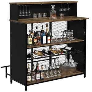 GDLF Home Bar Unit Mini Bar Liquor Cabinet with Storage and Footrest for Home Kitchen Pub Brown