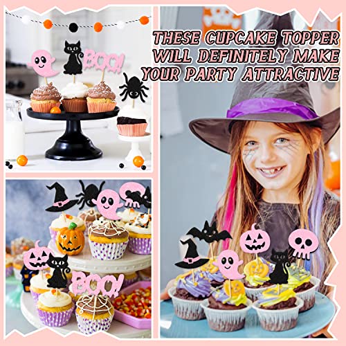32 Pcs Pink Halloween Cupcake Topper Bat Boo Ghost Pumpkin Spider Cat Skeleton Witch Hat Theme For Gender Reveal Baby Shower Kids Girl Boy Party Supplies #TOP5