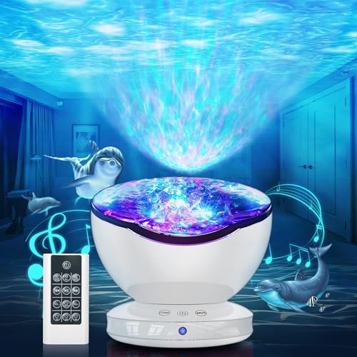 Lampe Projecteur LED Simulation des Vagues Océan, Veilleuse Enfant avec 8 Modes de Couleurs 6 Sons de Musique Télécommande Minuterie Lampe de Chevet pour...