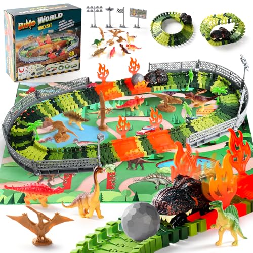 Spielzeug ab 3 Jahre - DIY Autorennbahn ab 3 Jahre Rennbahn Kinder mit 10 Mini Dinosaurier Figuren 1 Dinosaurier-Auto 96 Stück Autorennbahn Geschenk Kinderspielzeug ab 3 4 5 6 Jahre Junge Mädchen