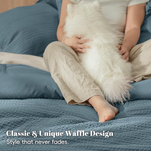 Image of PHF Soft Waffle Comforter Set Queen Size- Comfy Breathable Waffle Weave Comforter with 2 Pillow Shams, 3 Pieces Less Snagging Lightweight Textured Bedding Set for All Season, Stormy Blue