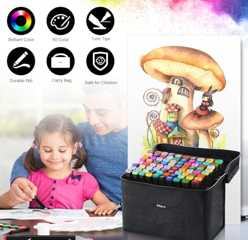 Image of 80 Colors Art Markers Sketch Pen Dual Tip Artist Art Marker Vibrant Colors Set For Kids Adult Coloring Sketching Drawing Painting,Twin Head Permanent With Carry Case(80),Multicolour