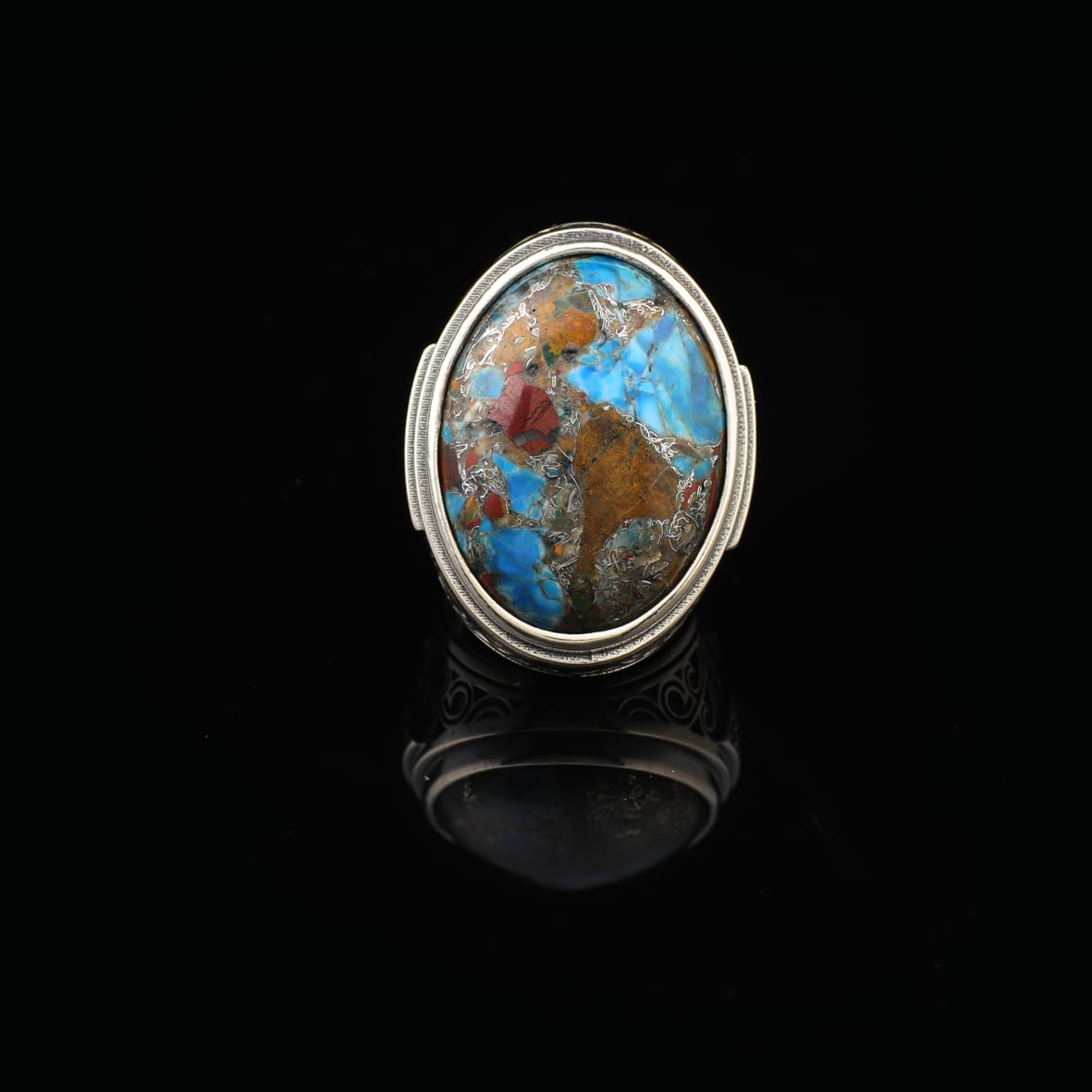 Anello da uomo in argento sterling con turchese – Anello speciale con grande pietra preziosa con grosso design ottomano, micro zaffiro, incisione personalizzata (36)