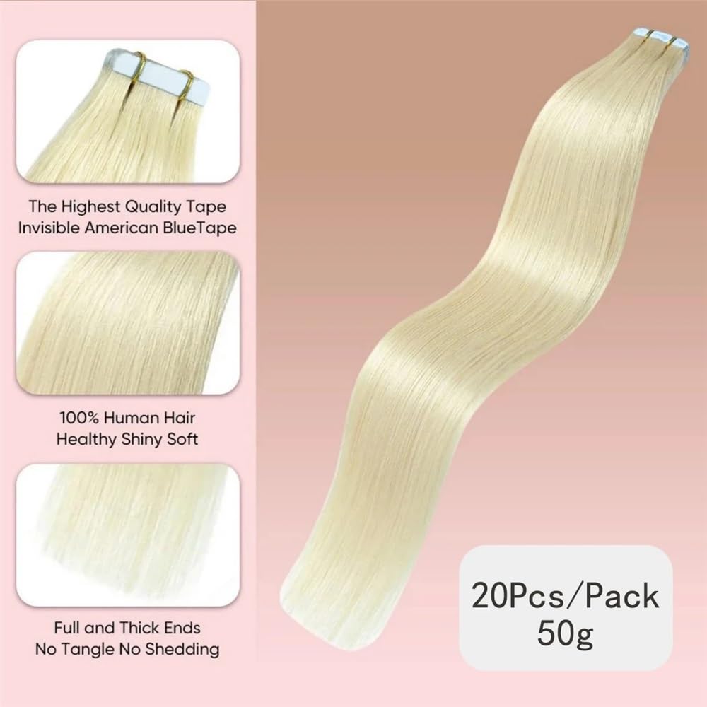 Extensions de cheveux à ruban adhésif, cheveux humains Remy 50g 20 pièces for femmes, ajoutent de la longueur et du volume aux cheveux(#60,16 inch)