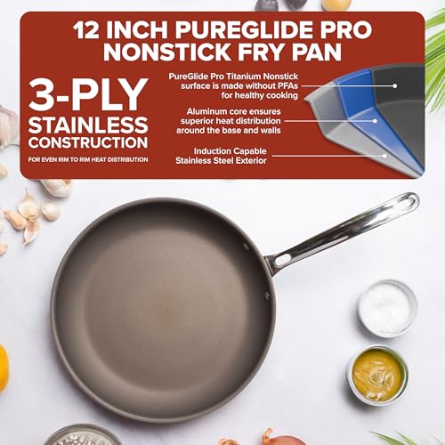 Image of Viking PureGlide Pro 3-Ply Nonstick Frying Pan, Made without PFAS, 12-Inch Induction Cookware, Metal Utensil Safe Titanium Nonstick Surface, Oven Safe to 600F