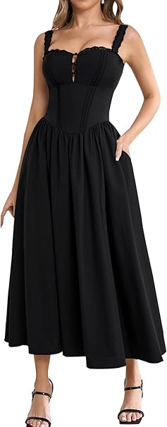 Women Summer Lace Square Neck Midi Dress Corset Smocked Flowy A Line Dresses with Pockets