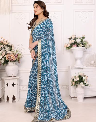 Image of Yashika Women's Printed Georgette Printed Saree With Lace Border and Blouse Material
