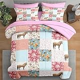 Pamnest Comforter Set Twin Size, Horse Animal Pink 5 Pcs Bedding for Kids and Adults, Country Farmhouse Bed Sheet Sets with Fitted Sheet Pillowcase & Sham for Bedroom Bed Decor