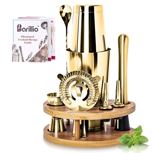 Barillio Gold Mixology Bartender Kit with Stand - Cocktail Shaker Set with Bamboo Stand Boston Drink Shaker Mojito Muddler and Drink Mixer Spoon - 9-Piece Bar Tools Set - Bar Accessories for Home