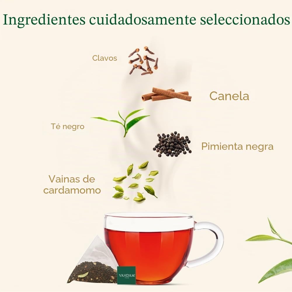 VAHDAM, Original Masala Chai Té (30 Piramidales Bolsitas De Té) Masala Chai | Bolsa De Con Especias Chai | 100% Pura Y Natural | Caliente, Frío O Como Kombucha