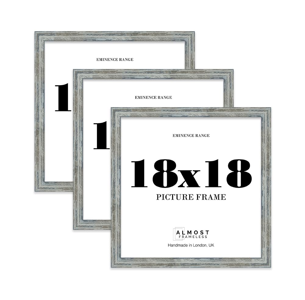 18x18 Distressed Blue Picture Frame - Rustic Wood Industrial Effect Photo Frame for Wall Display, Ideal for Posters, Prints & Home Décor, Wall Hooks, 32mm Edge - 3 Pack