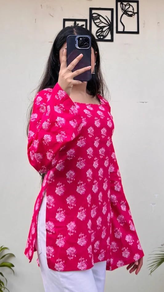 Image of Women's Rayon Printed Short Kurti | Straight Fit Casual Ethnic Top | Square Neck Full Sleeve Ladies Kurti Office College