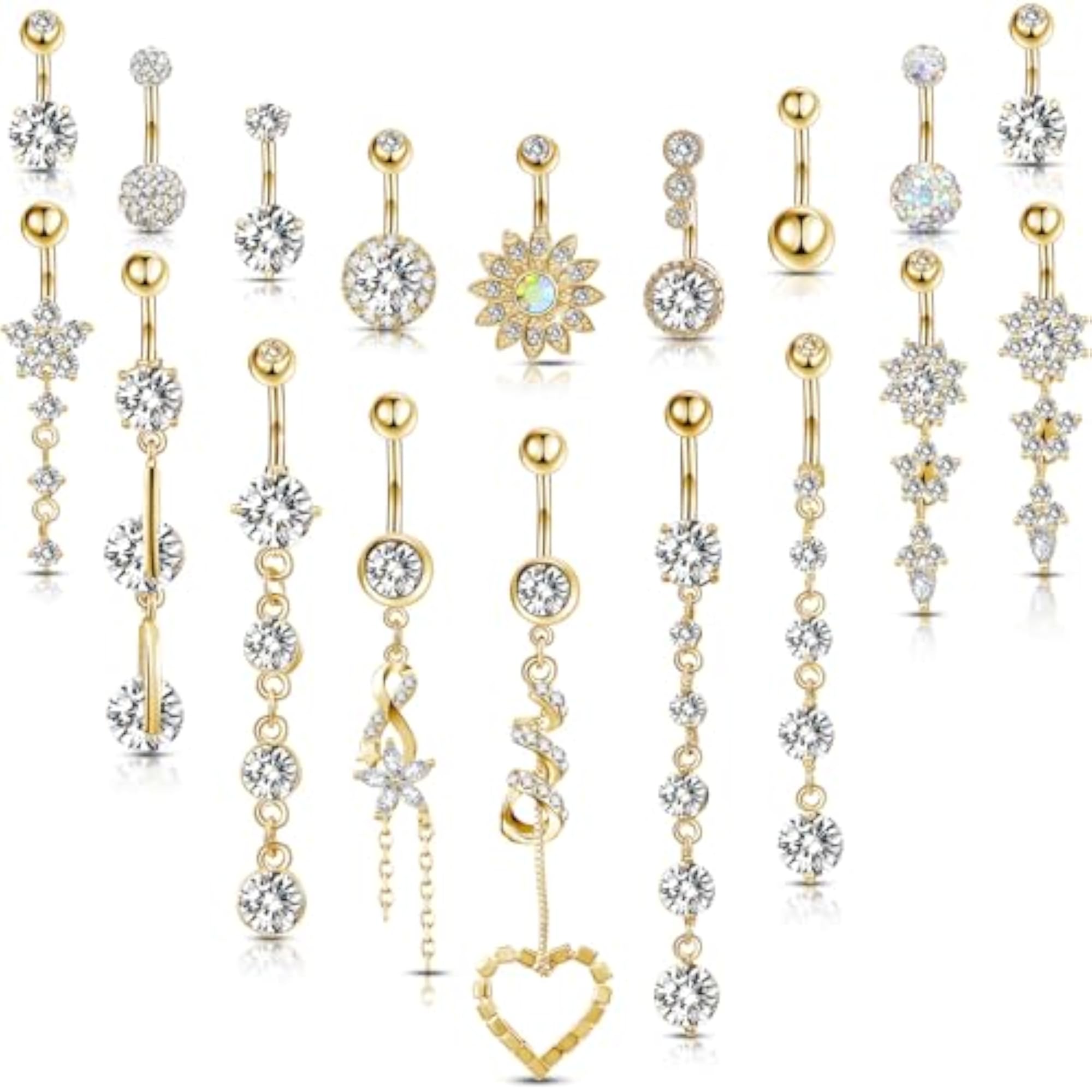 18 Pcs 14G Stainless Steel Belly Button Rings, Rhinestone Dangle