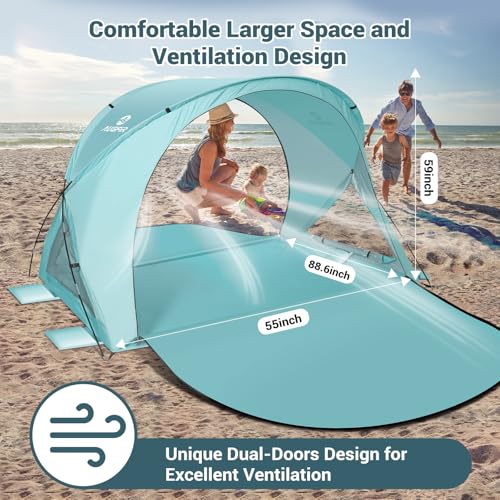 AugFir Beach Tent Sun Shelter, Beach Tent with Beach Mat Set, 4 Person Portable Beach Shade Canopy with UPF 50＋ UV Protection, Dual-Door Ventilation Design, Easy Setup Family Beach Umbrella (Green) - Thumbnail 4