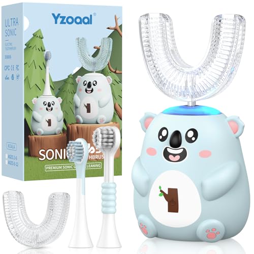 Elektrische Zahnbürsten für Kinder, 2-6/6-12,U-förmige Zahnbürste, Koala-förmige Zahnbürste, Ultraschall-Bürstenköpfe, 60 Sekunden-Timer (blau, 2-6 Jahren)