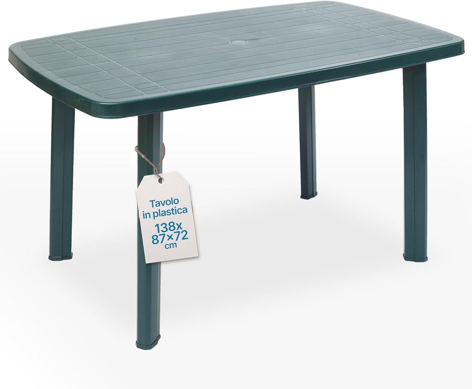 Tomaino Quadratischer Gartentisch aus Kunststoff, externer Kunststofftisch für 6 Plätze mit abnehmbaren Beinen und Loch für Sonnenschirm, Gartentisch New Green Garten