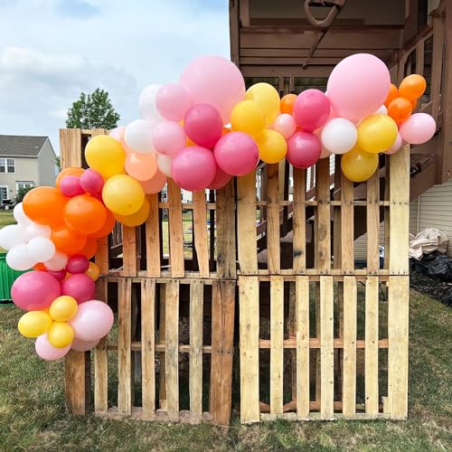 Image of Boho Daisy Balloons Arch Kit, 142Pcs Hot Pink and Orange Balloons Garland Kit 12 10 5 Inch Pink Orange Yellow Latex Balloons for Boho Girls Women Birthday Baby Shower Wedding Party Decoration