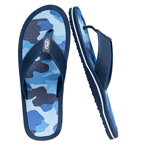 Elvora Men's Flip Flops & Sandals with Arch Support - Non-Slip Textured Sole Blue Camo Print,Waterproof for Beach,Size 7-8
