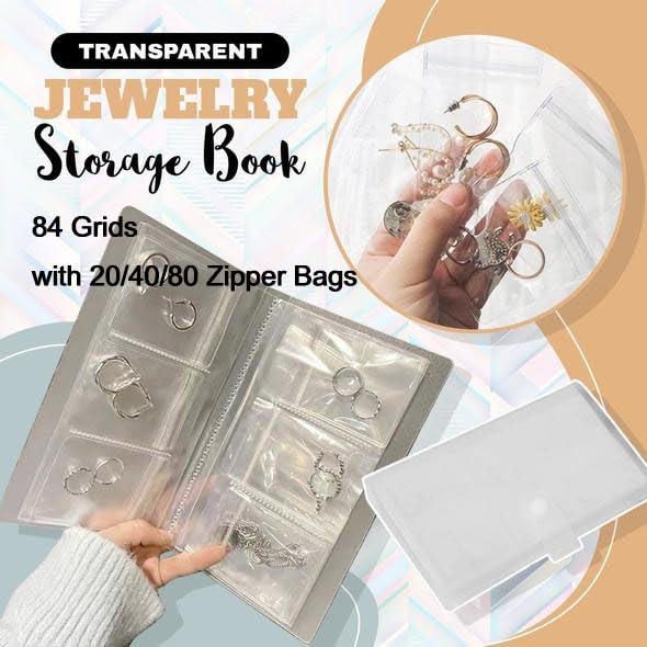 2024 Transparent Jewellery Storage Book Set, 84 Slots Jewelry Storage Book Organizer with 40/80 Pockets, Jewelry Organizers and Storage for Rings, Necklace, Bracelets (Book+20 Bags)