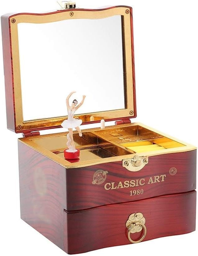 Image of AUGEN Exclusive Music Box Musical 360 rotatable Carousel Children's Wooden Men and Women Birthday Creative Christmas Valentine's Day Gift Home Decoration (Jewelry Box A)