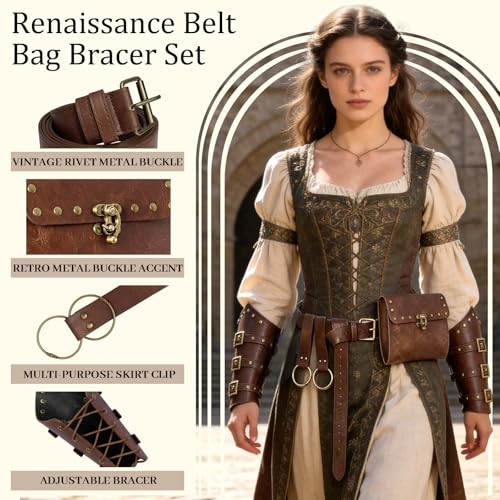 Image of Renaissance Belt Pouch Medieval Viking Leather Bracers Set for LARP