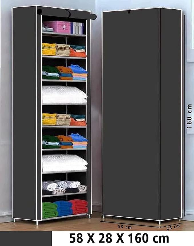 Image of YouCopia Collapsible Wardrobe 9 Shelves Storage Clothes Storage Rack Quick Wardrobe /Cabinet /Multipurpose Storage Rack, Foldable, Collapsible Fabric RollOut Fridge for Home Office (Grey, 9-Layer)