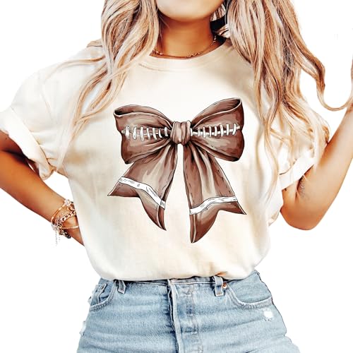 Football Bow Shirt for Women and Teens Trendy Girly Fall Football Fan Oversized Tee