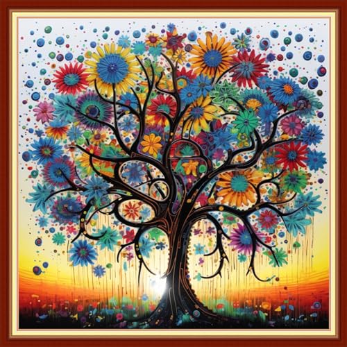 Image of Dimxvean Stamped Cross Stitch Kits,Cross Stitch Kits for Adults Beginners,Embroidery Kits Full Range of Cross Stitch Stamped Kits Needlepoint Kits Cross Stitch Patterns-Colorful Tree 18x18 inchs