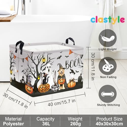 Image of Clastyle Large Spooky Halloween Baby Gift Basket Stuffers Boy Girl Pumpkin Bat Graveyard Boo Nursery Bin Kid Book Toy Box Collapsible Clothes Organizer for Bedroom,Dog,40 * 30 * 30 cm