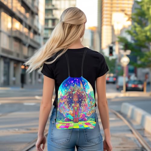 Image of jejeloiu Cute Black Drawstring Backpack 13x15.7inch African American Waterproof Gym Drawstring Bags Star Print Sports String Backpack Beach Swim Travel Bag Sackpack（No Gl