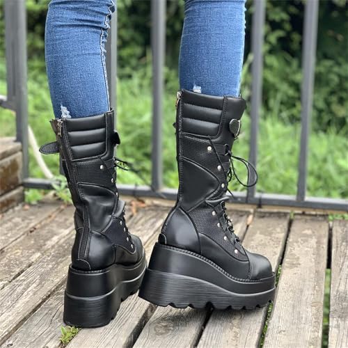 SACFOF Womens Goth Platform Boots Chunky Wedge Heel Rave Combat Boots Lace Up and Zipper Round Toe Mid Calf Motorcycle Booties3