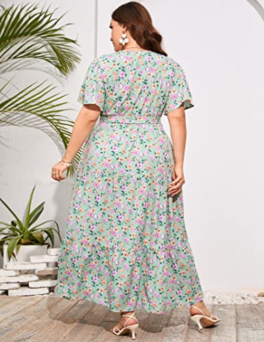 Image of ShopWonder Womens Plus Size V Neck Wrap Maxi Dress High Waist Ruffle Summer Casual Dress with Belt