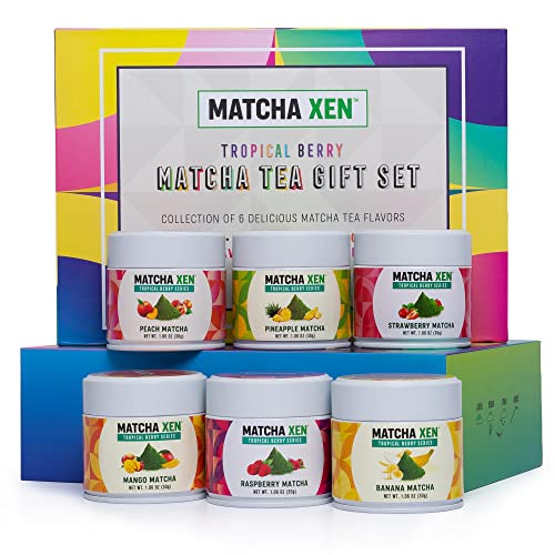 Matcha Xen Flavored Matcha Green Tea Powder Gift Set - All-Natural Flavored Matcha Powder Blended Tea Set Includes Pineapple, Strawberry, Mango, Raspberry, Banana & Peach Flavors #TOP17