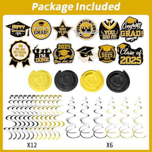 Image of Graduation Hanging Swirls, 30 PCS Graduation Decorations Class of 2025, Black and Gold Graduations Party Decoration Congrats Grad Hanging Swirls Ceiling Streamers for School Graduations Party Supplies