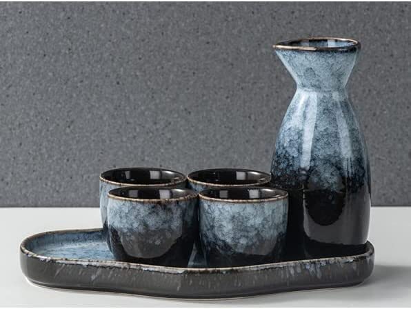 Ensemble de saké traditionnel, ensemble de saké en céramique, boisson chaude de saki de poterie japonaise traditionnelle en porcelaine, 6 pièces comprenant 1 bouteille de saké 1 plateau 4 tasses, for