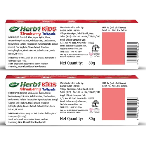 Image of Dabur Herb'l Kids Iron Man Toothpaste - 160g (80g x 2) | Strawberry Flavour | 3+ Years | No Added Chemicals | Cavity Protection | Fights Germs | Strong Teeth & Healthy Gums | SLS & Fluoride Free