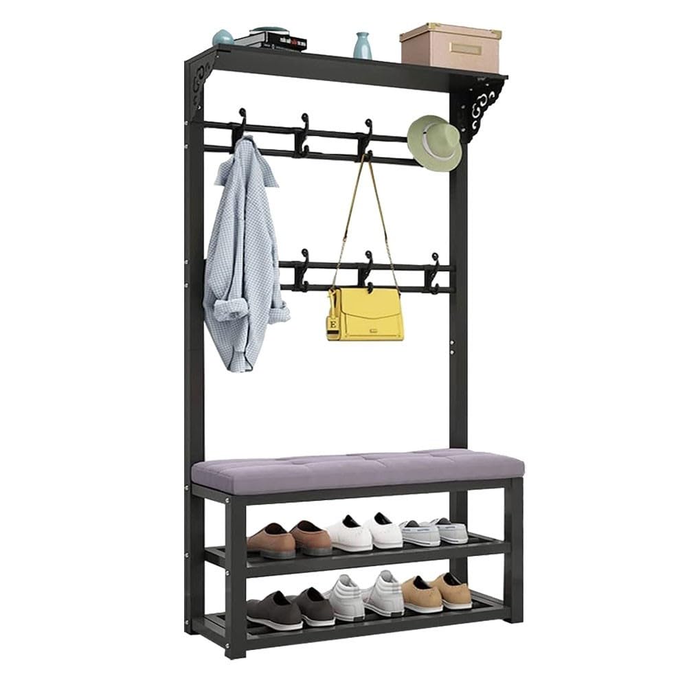 Heavy Clothes Rails Free Standing Hall Tree with Bench and Top Rack Garment Rack with Shoe Rack Inrial
