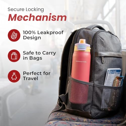Image of HomeEssentials Stainless Steel Thermos Water Bottle 950ML - Leakproof Quick Fill Lid, Insulated Sports Bottle for Hot & Cold Drinks, Durable Travel & Gym Bottle, Easy Carry Lid (Red)