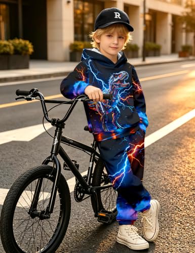 Image of Boys Clothes, T-Rex Print Dinosaur Boy Clothes Fall Winter Outfits Long-sleeved Hooded Sweatshirt Pants 2Pcs Set