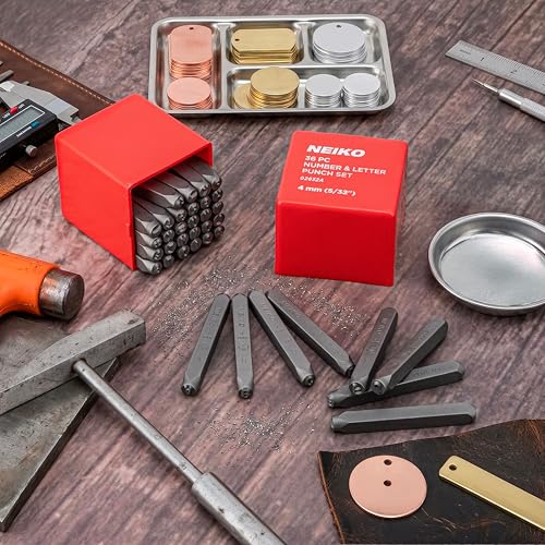 Image of NEIKO 02632A Number and Letter Punch Set with Heat-Treated Steel Punches, Imprinting & Arts and Crafts, 5 /32 inch (4 MM) Shaft, 36 Pc Stamp Set, Uppercase Letter & Number Punch Set (A-Z / 0-8 / inch& inch)