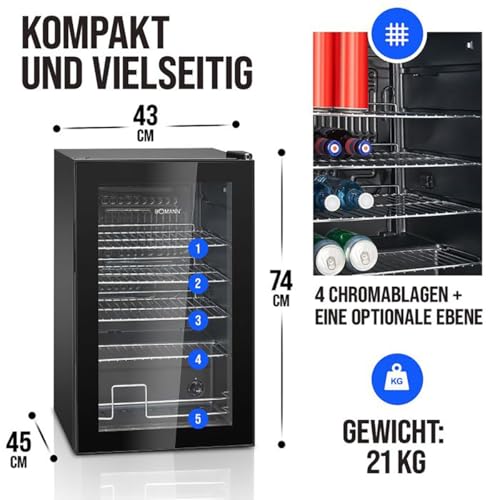 Bomann® Getränkekühlschrank | 63 Liter | stufenlos regelbar +3–10°C | Flaschenkühlschrank mit Glastür, 4 Ablagen & LED-Beleuchtung | leise, energieeffizient & kompakt | für Flaschen & Dosen | KSG 7287