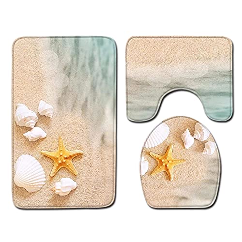 oneforus Badematten Set,Strand Seestern Toilettenteppich Set 3-teilige rutschfeste und weiche Badematten…