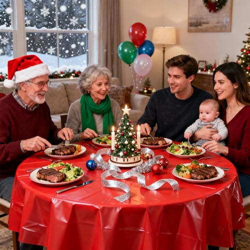 Image of CIEOVO 12 Pcs Christmas Plastic Tablecloths, Disposable Round Red Green Table Cover 84 Inch Waterproof Table Covers for Christmas Family Birthday Party Decorations