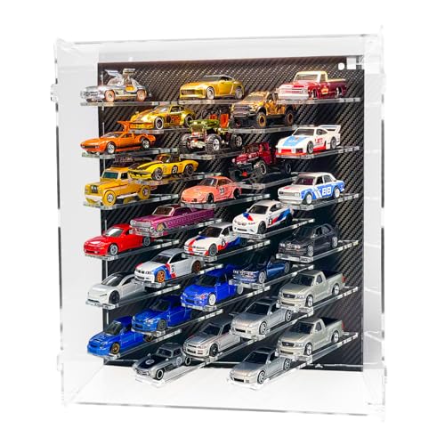 Galumo Display Case Compatible with Hot Wheels & Matchbox Cars 1/64 Scale Diecast Car Storage Case with LED & Dustproof Hold up to 30 Cars for Model Car Display and Storage (Carbon Fiber Style)