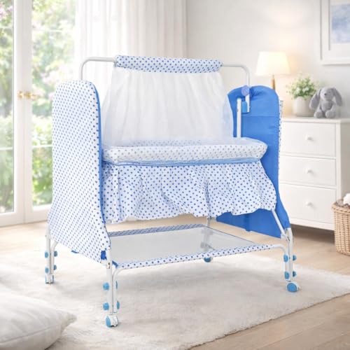 Image of BUBBLEBABY Baby Cradle | Jhula | Baggi | Palna | Ghodiyu | Ventilated | with Swing & Mosquito Net | 0-12 Months | Four Wheels with Brake | Storage | Polypropylene | Safe & Sturdy | Foldable | Blue