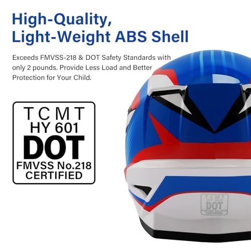 Image of XFMT Youth Dirt Bike Helmet DOT Kids Full Face Helmet for Motocross ATV Off-Road Street Bike Four Wheeler with Goggles & Gloves, Red White and Blue X-Large