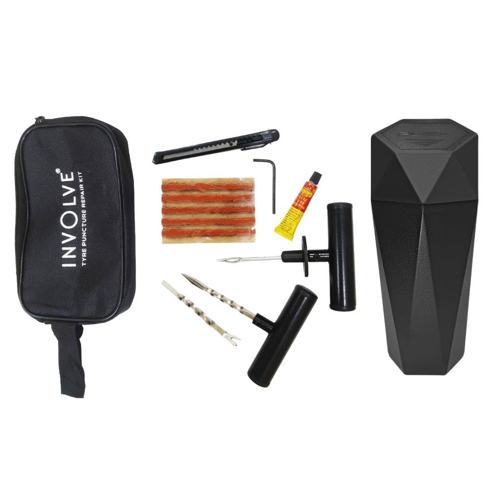 INVOLVE 9 in 1 Universal Tubeless Tire Puncture Kit Emergency Flat Tire Repair Kit Tool with Diamond Shape Car Dustbin-black (Storage Bag) for Car, Bike, SUV, & Motorcycle | Involve Accessories-image-46