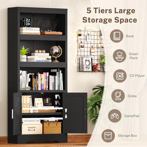 Image of Book Shelf and Bookcase with Doors, 5-Tier Display Storage Cabinet with Adjustable Shelves, Open Compartments, Remote Control LED Lights, Tall cabinet for Bathroom Kitchen Living Room, Home Office