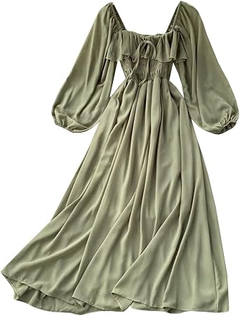 YM YOUMU Women Square Neck Long Puff Sleeves Chiffon Smocked Bust Dress Tie Front for Casual Wedding Party