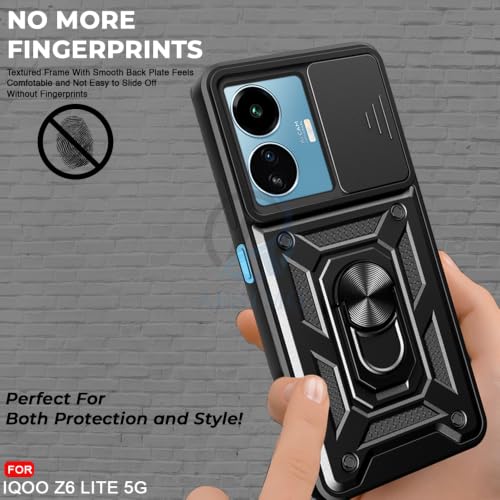 Image of AESTMO Tough Armor iQOO Z6 Lite 5G Bumper Back Case Cover | Ring Holder & Sliding Camera Shield Cover | 360 Degree Protection Back Case Cover for iQOO Z6 Lite 5G (Black)